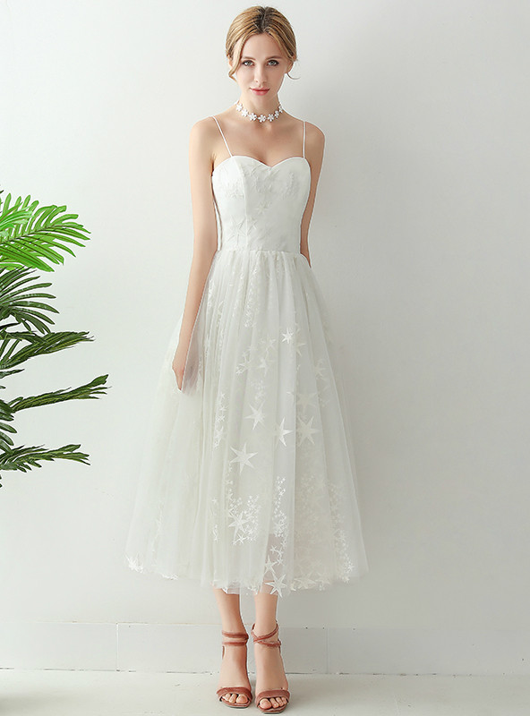 In Stock:Ship in 48 hours Spaghetti Straps Tulle Tea Length Wedding Dress In Stock:Ship in 48 hours Spaghetti Straps Tulle Tea Length Wedding Dress