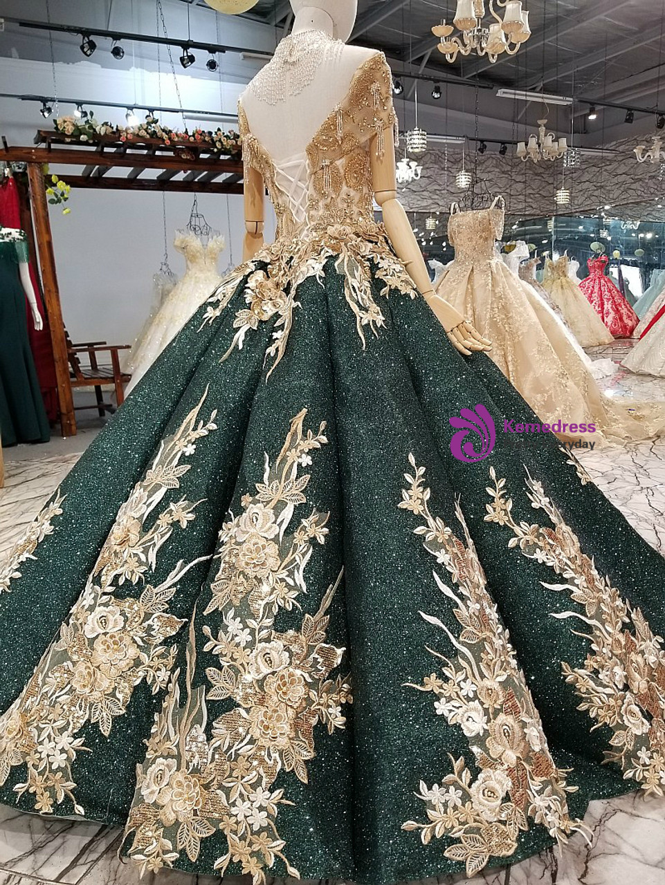 Green Ball Gown Sequins Off The Shoulder Appliques Wedding Dress