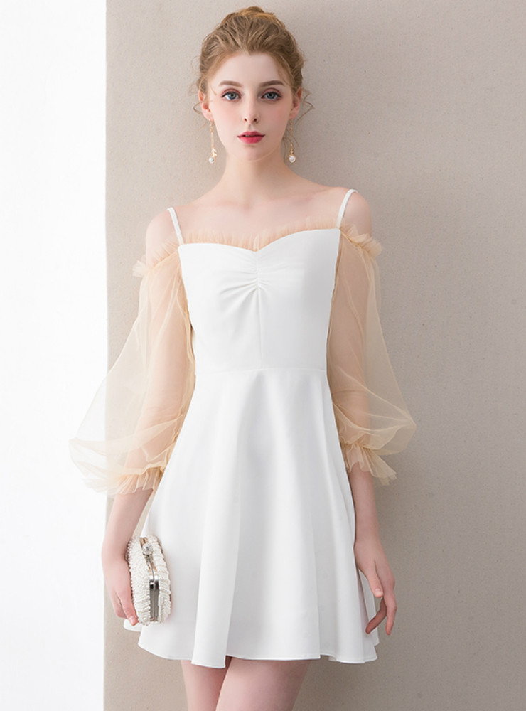 white long sleeve homecoming dress NumberSea-A-Line Bell Sleeves Short Ivory Lace Homecoming Dress Graduation  Dresses PD495