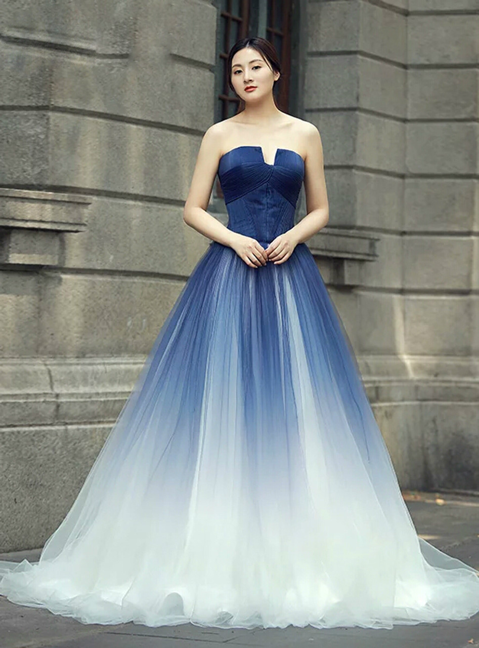 blue white wedding dress