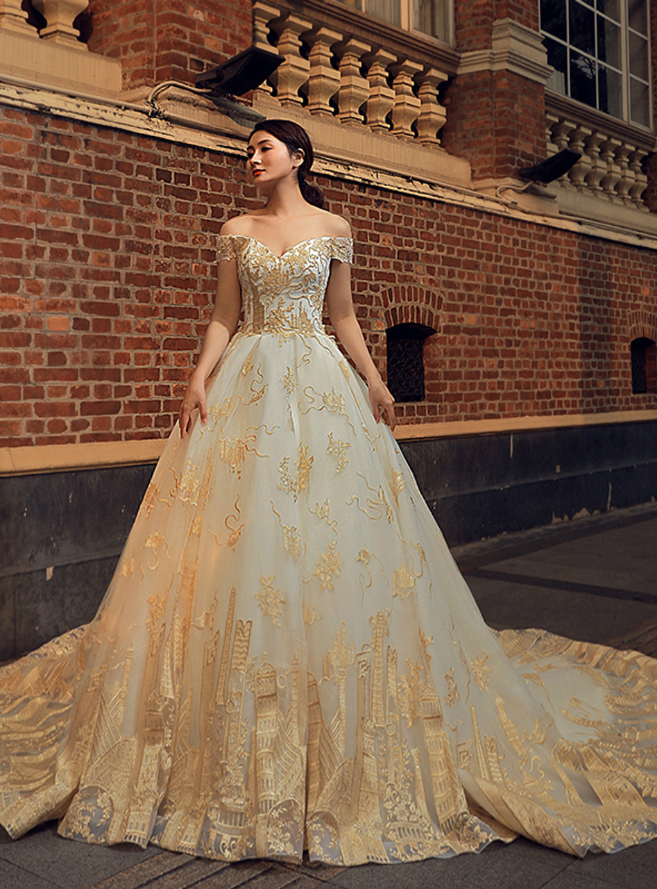 Gold Tulle Sequins Off The Shoulder Backless Appliques Wedding Dress