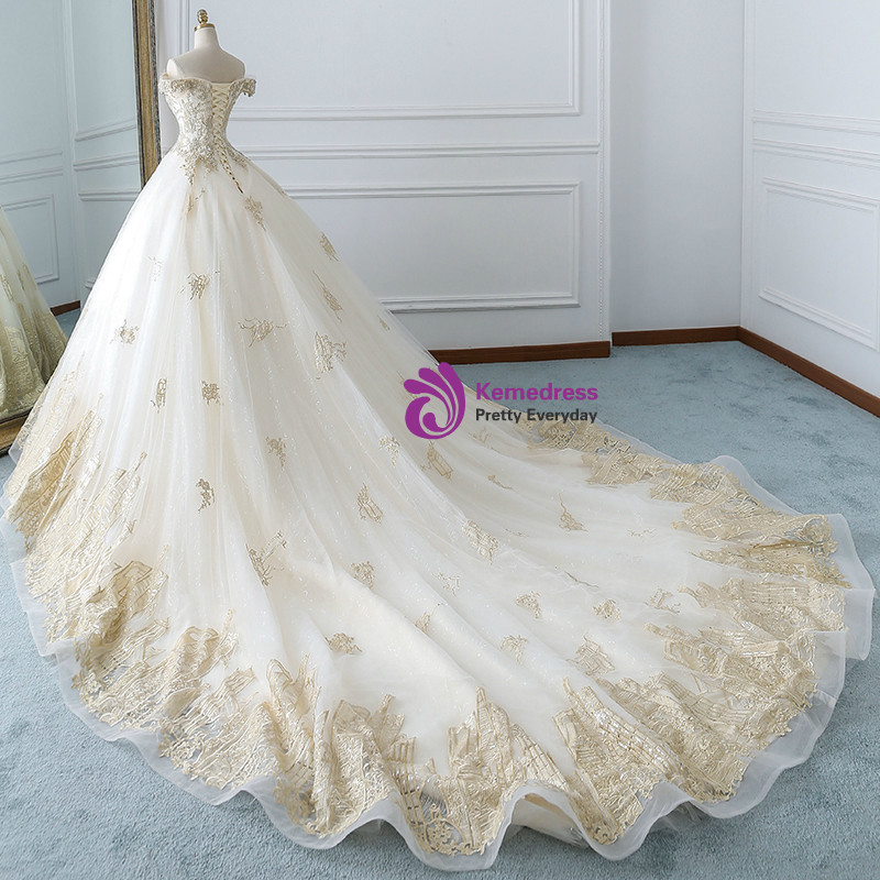 White Ball Gown Tulle Gold Appliques Off The Shoulder Wedding Dress