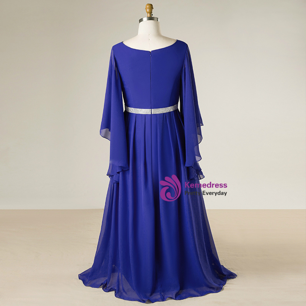 Plus Size Blue V-neck Chiffon Floor Length With Beading Prom Dress