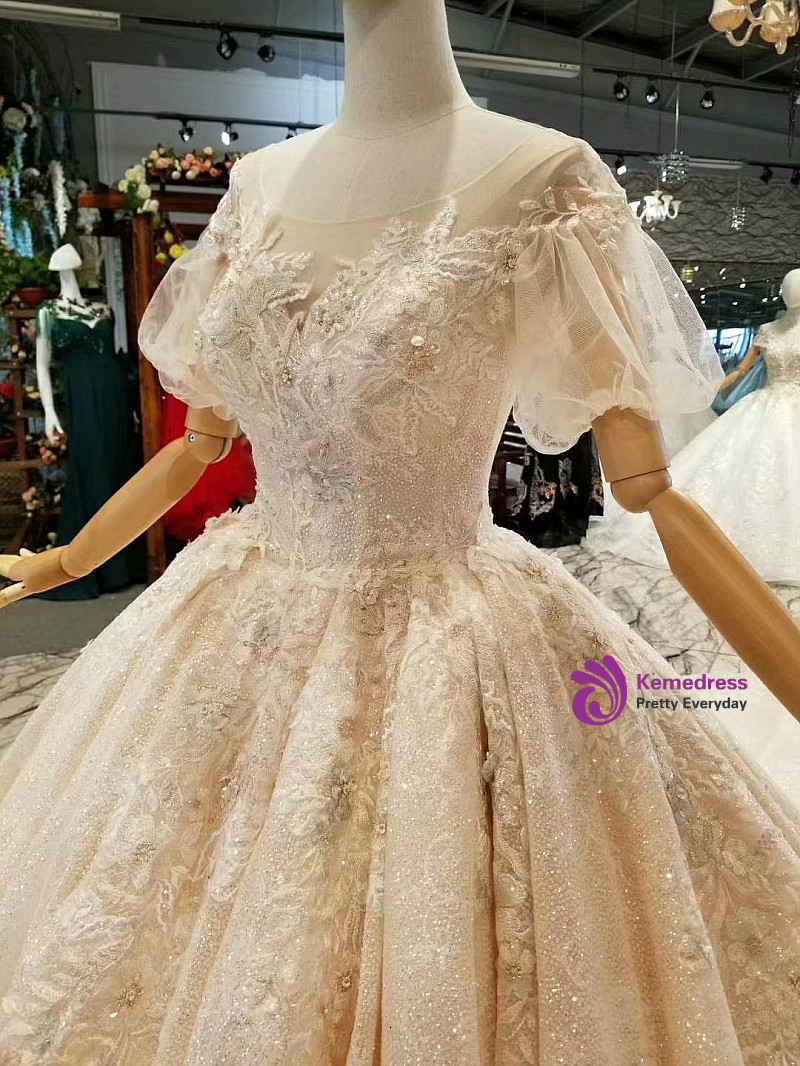 Elegant Long A-Line Bateau Sequins Crystal Tulle Train Wedding Dress with Sleeves