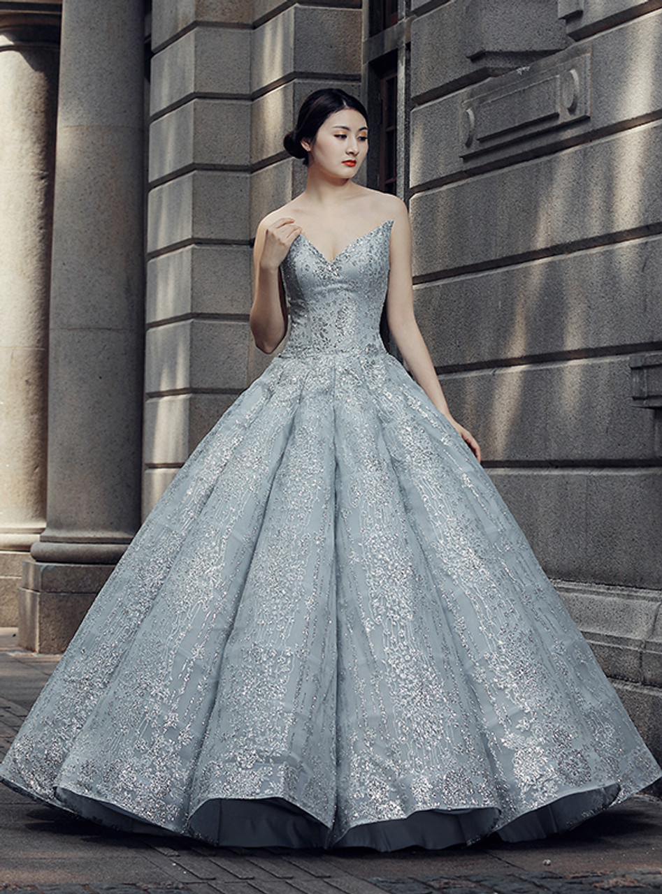 Gray Ball Gown Sweetheart Neck Sequins Floor Length Wedding Dress