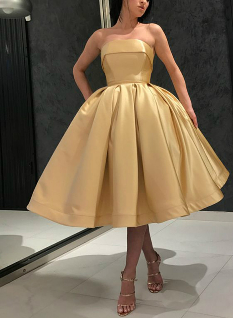 Ball Gown Strapless Satin Tea-length Short Prom Dresses With Pockets |  MillyBridal