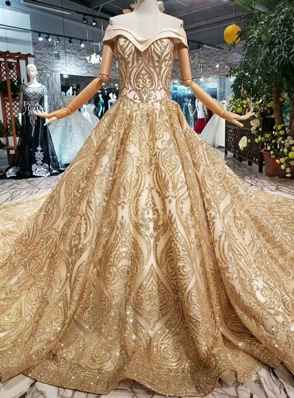 Ball Gown Gold Sequins Off The Shoulder Long Train Wedding Dress