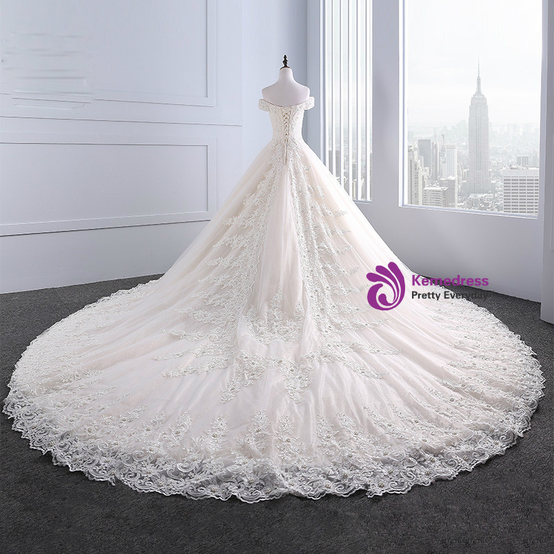 Champagne Ball Gown Tulle Appliques Off The Shoulder Wedding Dress