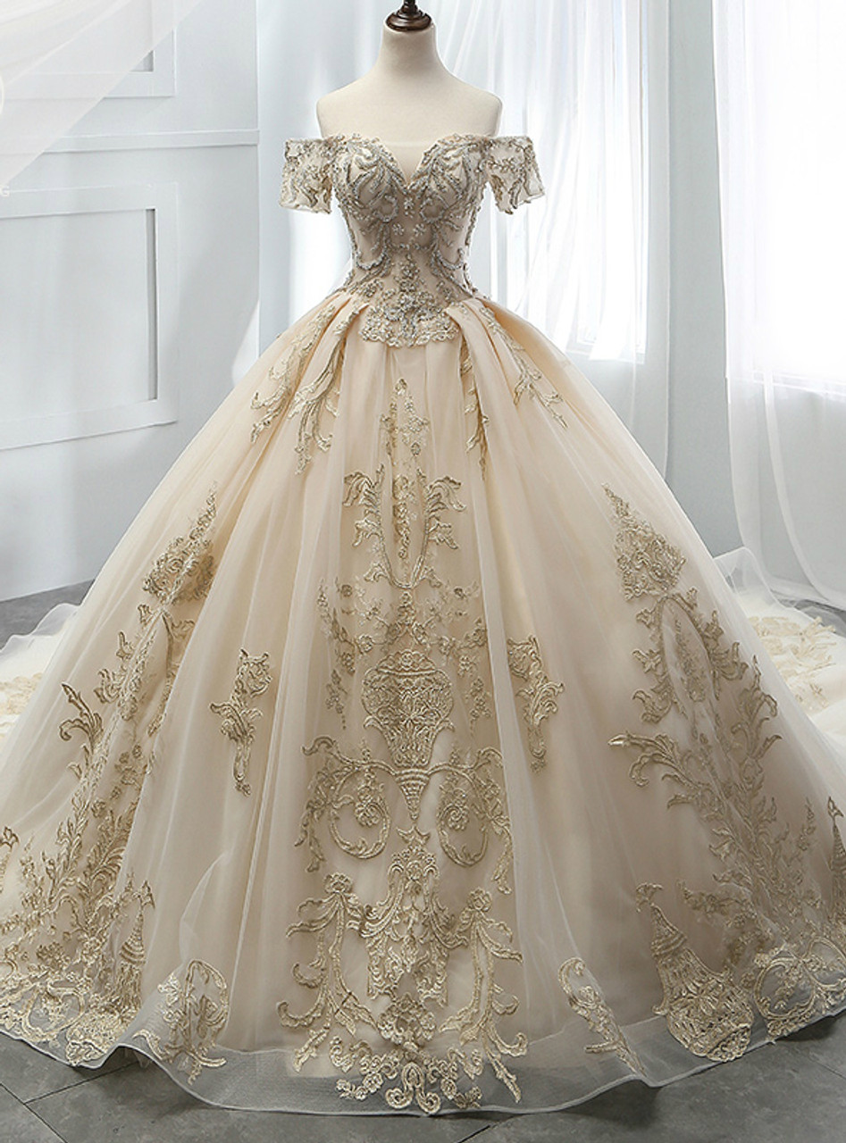 off the shoulder applique wedding dress