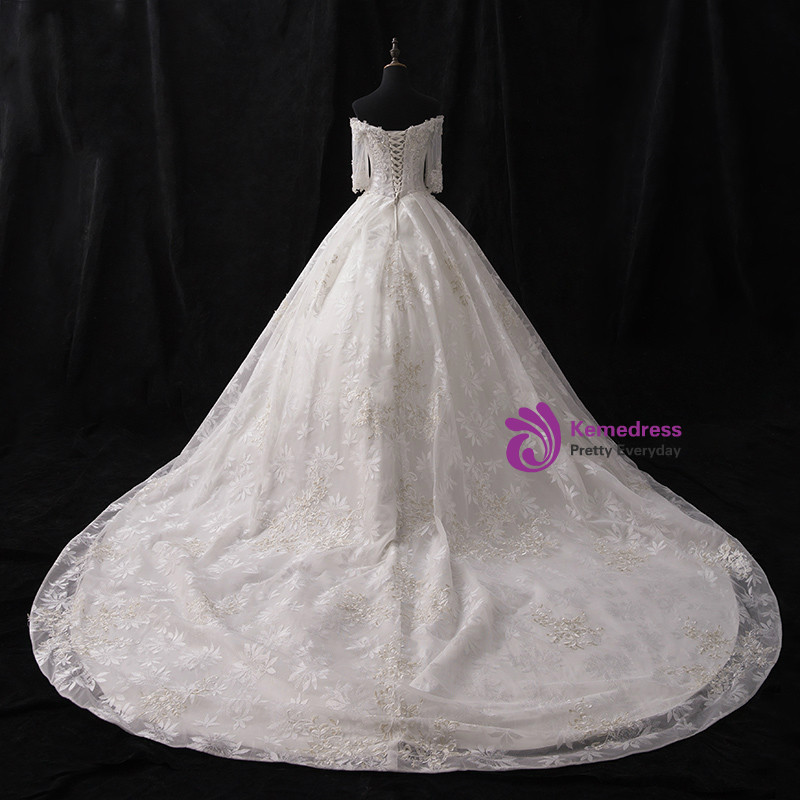 White Ball Gown with Jewel Flower Appliques and Short Sleeves main image 0
