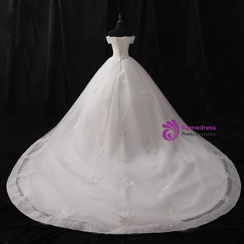 White Ball Gown Tulle Off The Shoulder Appliques Wedding Dress