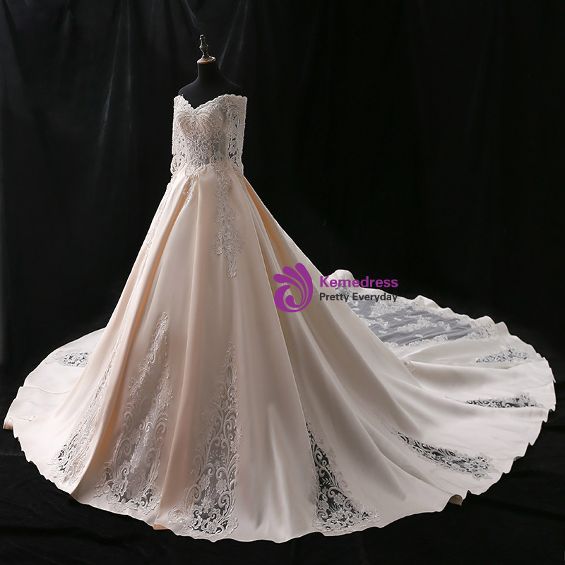 Satin Strapless Ball Gown Classic Beaded Appliqued Dress Champagne main image 1