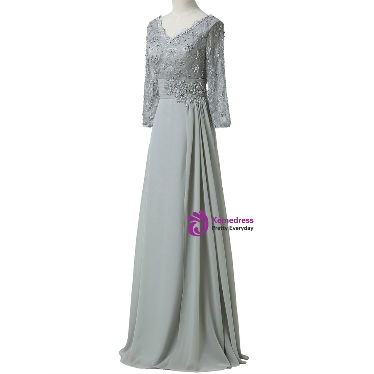 Chiffon Lace 3/4 Sleeve Double V Neck Grey Beading Mother of the Bride ...