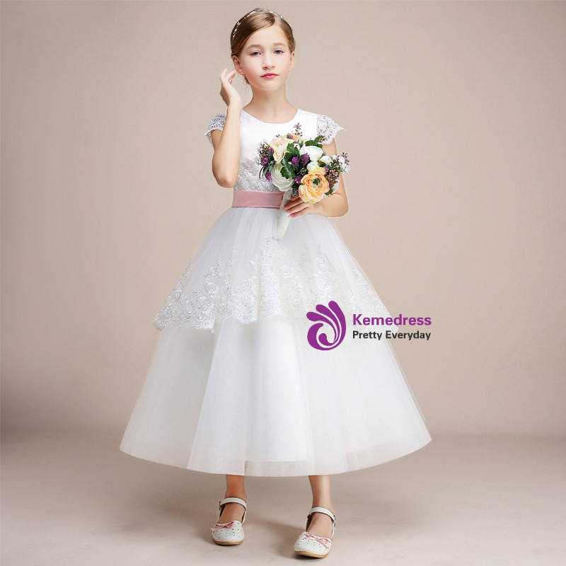 Lace Bodice Flower Girl Dress Sleeveless Round Neck Tea Length Tulle Party Formal Dress main image 1