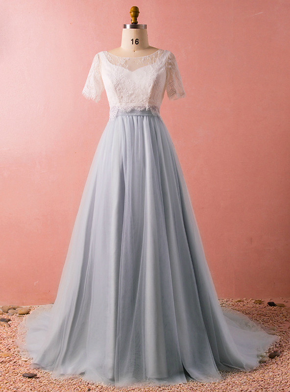 grey two piece prom dress Plus Size Gray Tulle Lace Short Sleeve grey prom dresses black girl
