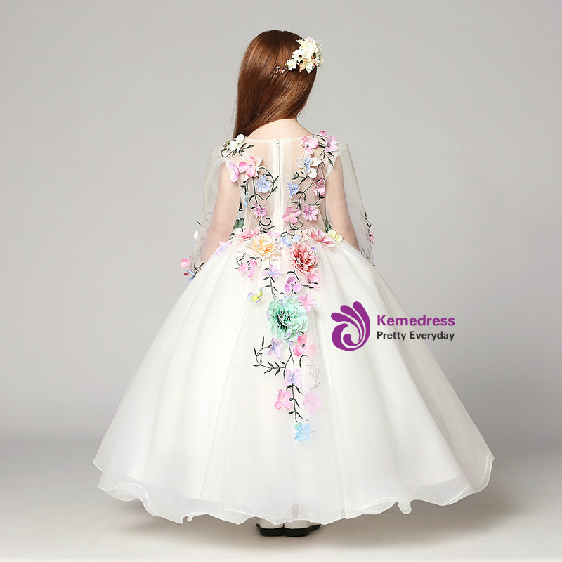 A-Line Sleeveless Tea Length Tulle Flower Girl Dress with White Floral Appliques