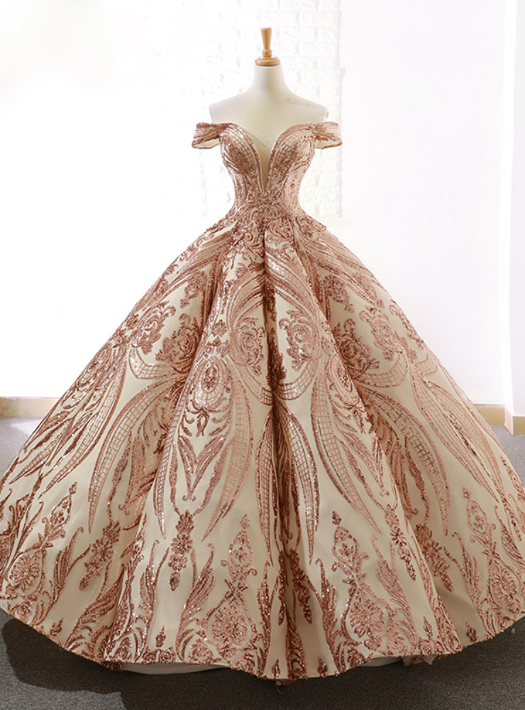 Champagne gold sequin ball gown prom dress with off the shoulder neckline