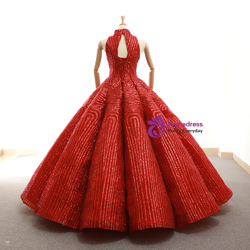 Red Ball Gown Sequins High Neck Backless Wedding Dress