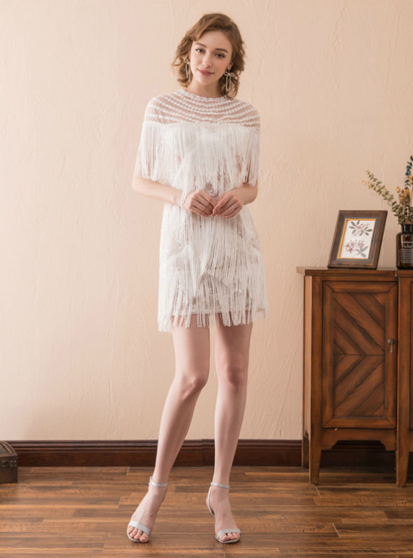A-Line White Tassel Scoop Neck Short Sexy Prom Dress A-Line White Tassel Scoop Neck Short Sexy Prom Dress
