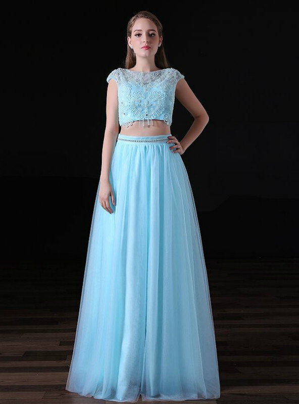 open lace back dress Two Piece Prom Dress for Teens,Blue Tulle Prom Dress,Off The Shoulder Prom Dress PD00075, US10 / Blue