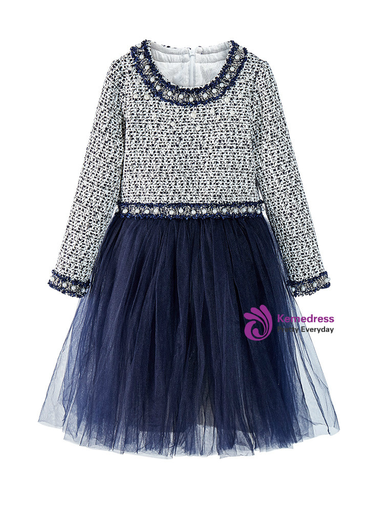Navy tweed and tulle flower girl dress detail