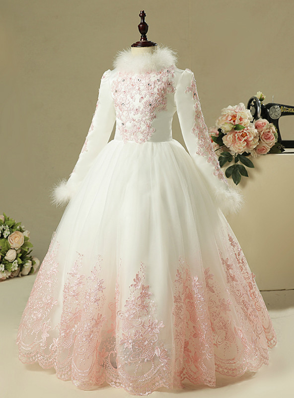 Long Sleeves White Appliques Tiered Flower Girl Dress main image 1