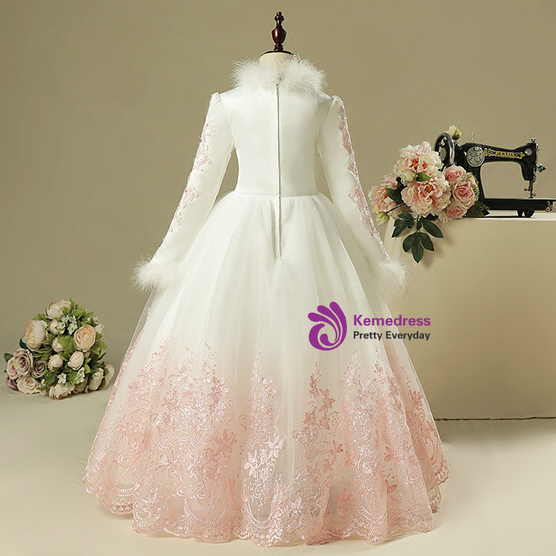 Long Sleeves White Appliques Tiered Flower Girl Dress