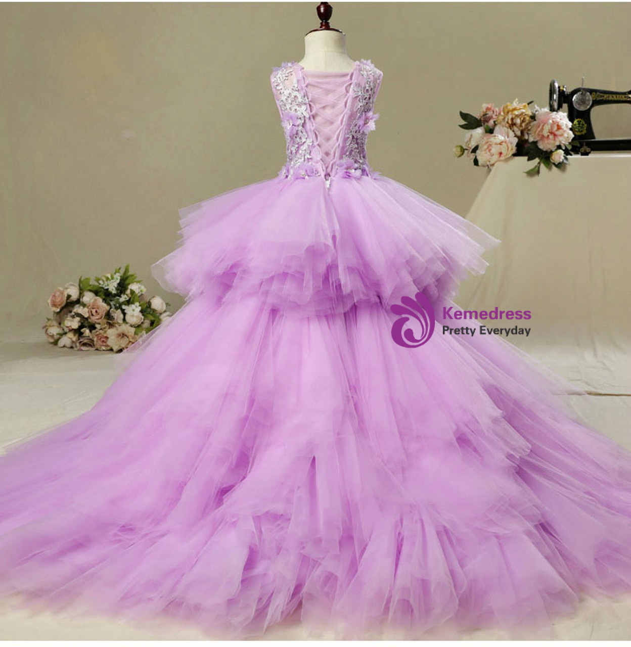 A-Line Pink Hi Lo Tulle Appliques Flower Girl Dress - Kemedress