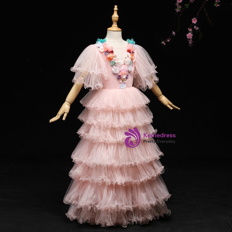 A Line Scoop Pink Tulle Pleats Flower Girl Dresses LBQF0045 main image 1