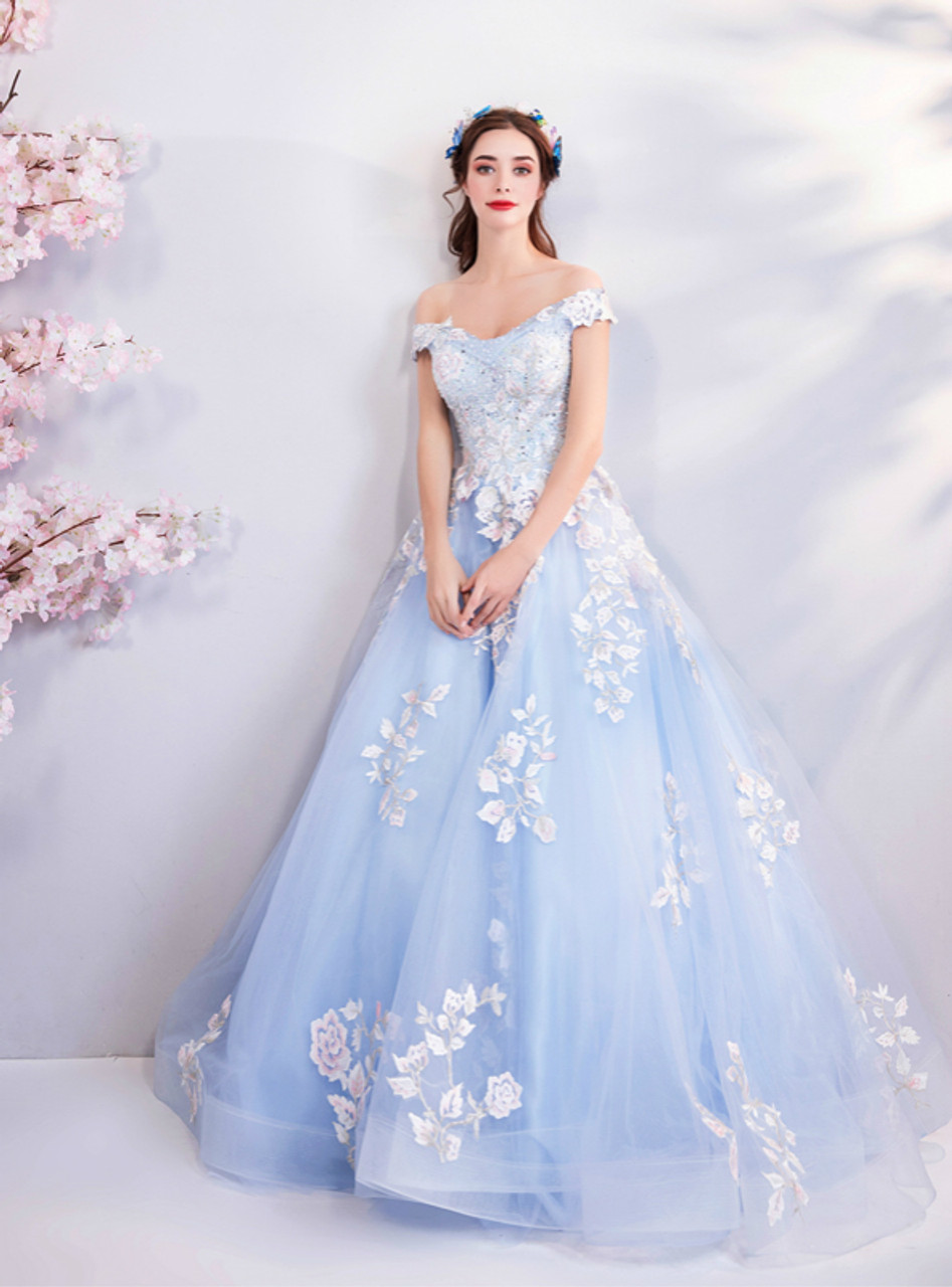 In Stock:Ship in 48 Hours Blue Ball Gown Tulle Appliques Wedding Dress