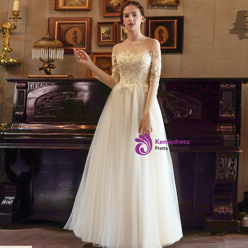 A-Line Simple Gold Appliques Embroidery Long Sleeve Wedding Dress