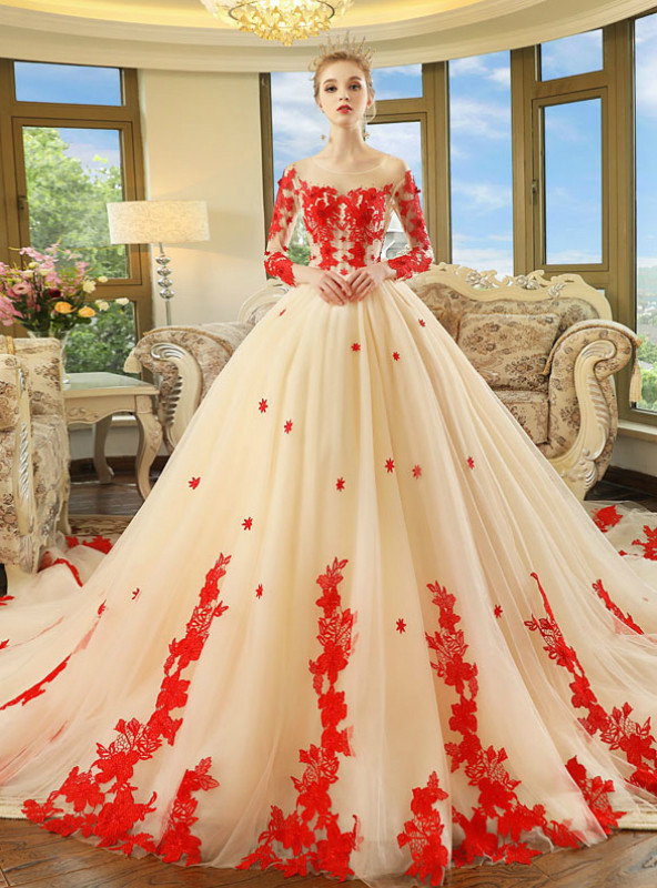 Champagne Ball Gown Tulle Red Appliques Long Sleeve Wedding Dress