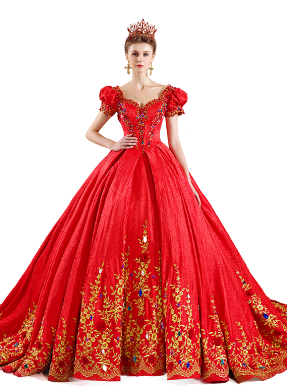 red and gold gown with sleeves