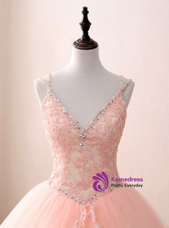Charming Pink V Neck Tulle Sequin Lace Applique Ball Gown Quinceanera Dress