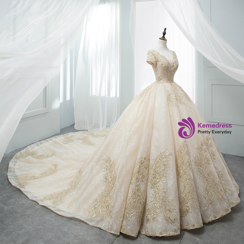 Ball Gown V Neck Champagne Tulle Wedding Dresses with Appliques VK0731114 main image 1