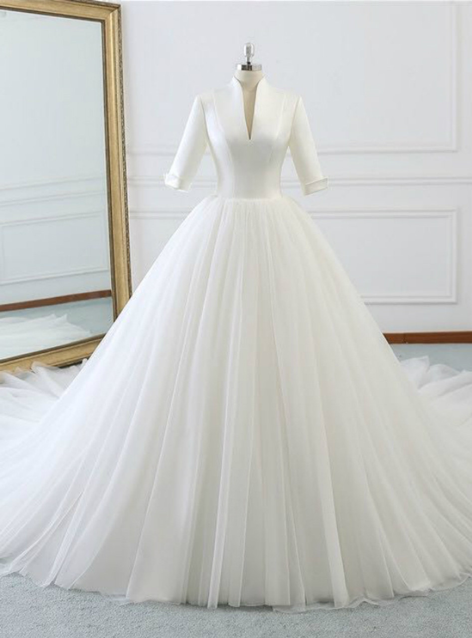 v neck short sleeve wedding dress