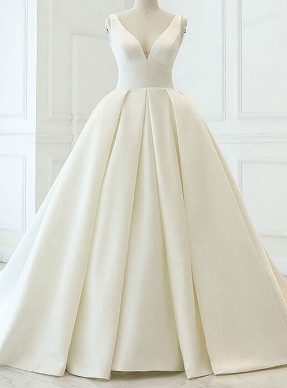 Charming White Ball Gown Satin V Neck Backless Wedding Dress