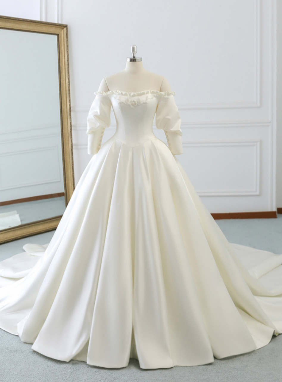 Ivory White Ball Gown Satin Off The Shoulder Puff Sleeve Wedding Dress 