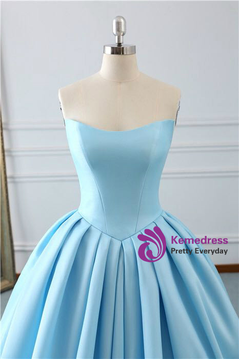 Blue satin ball gown wedding dress detail
