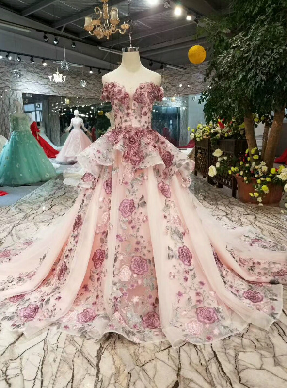 Pink Off The Shoulder Rose Embroidery Wedding Dress With Pearls Pink Off The Shoulder Rose Embroidery Wedding Dress With Pearls