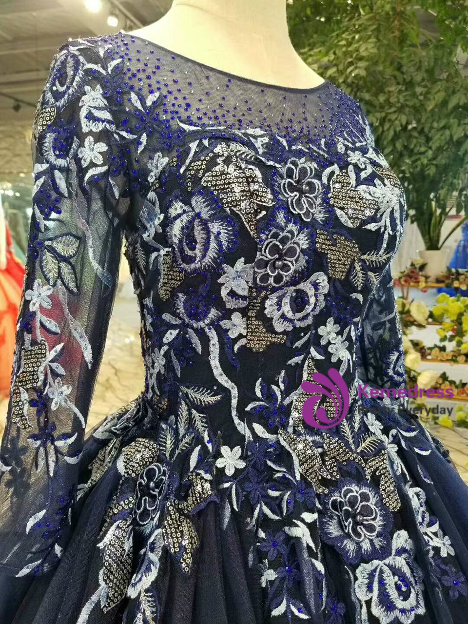 sachin and babi light blue dress Milliener Navy Tulle Flowers Prom Dress main image 1