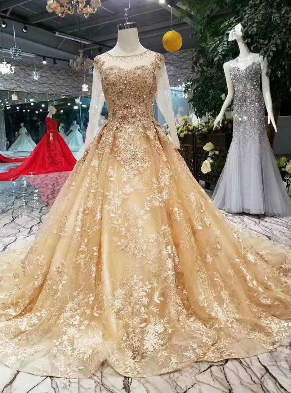 Gold Long Sleeves Wedding Dresses Ball Gowns Lace Embroidery – alinanova