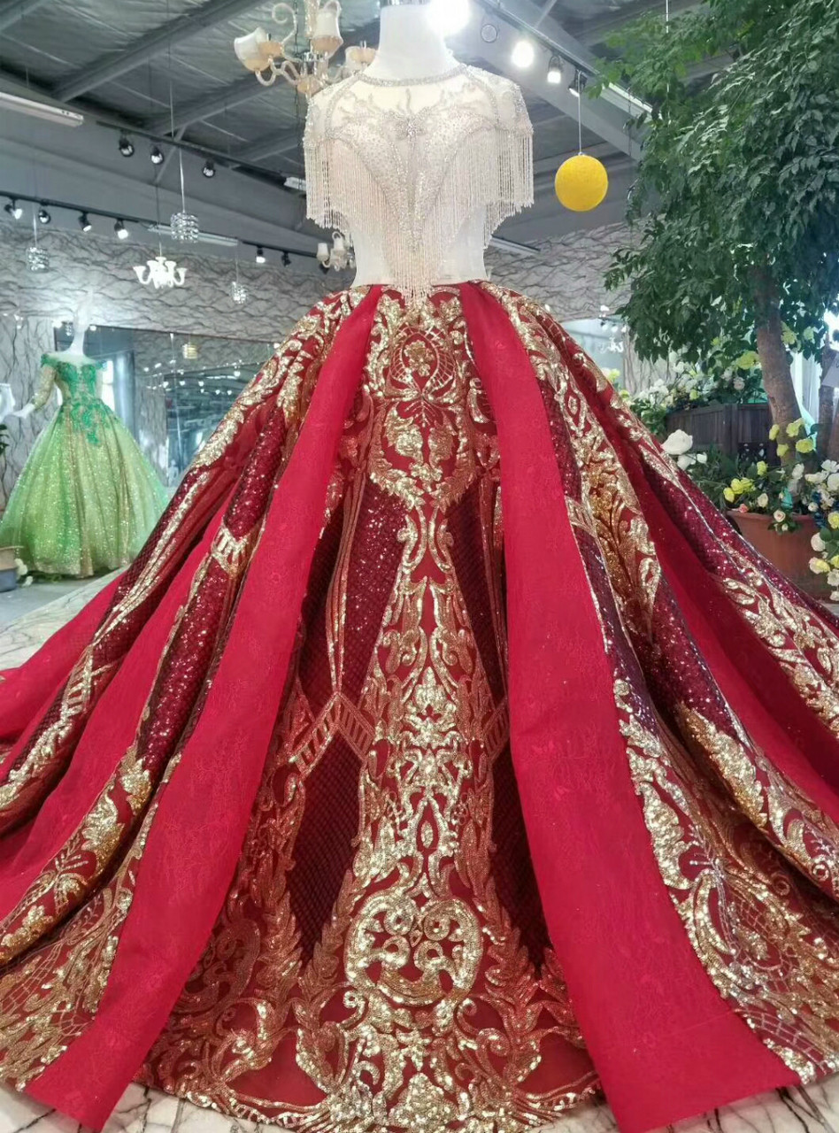 red ball gown with train