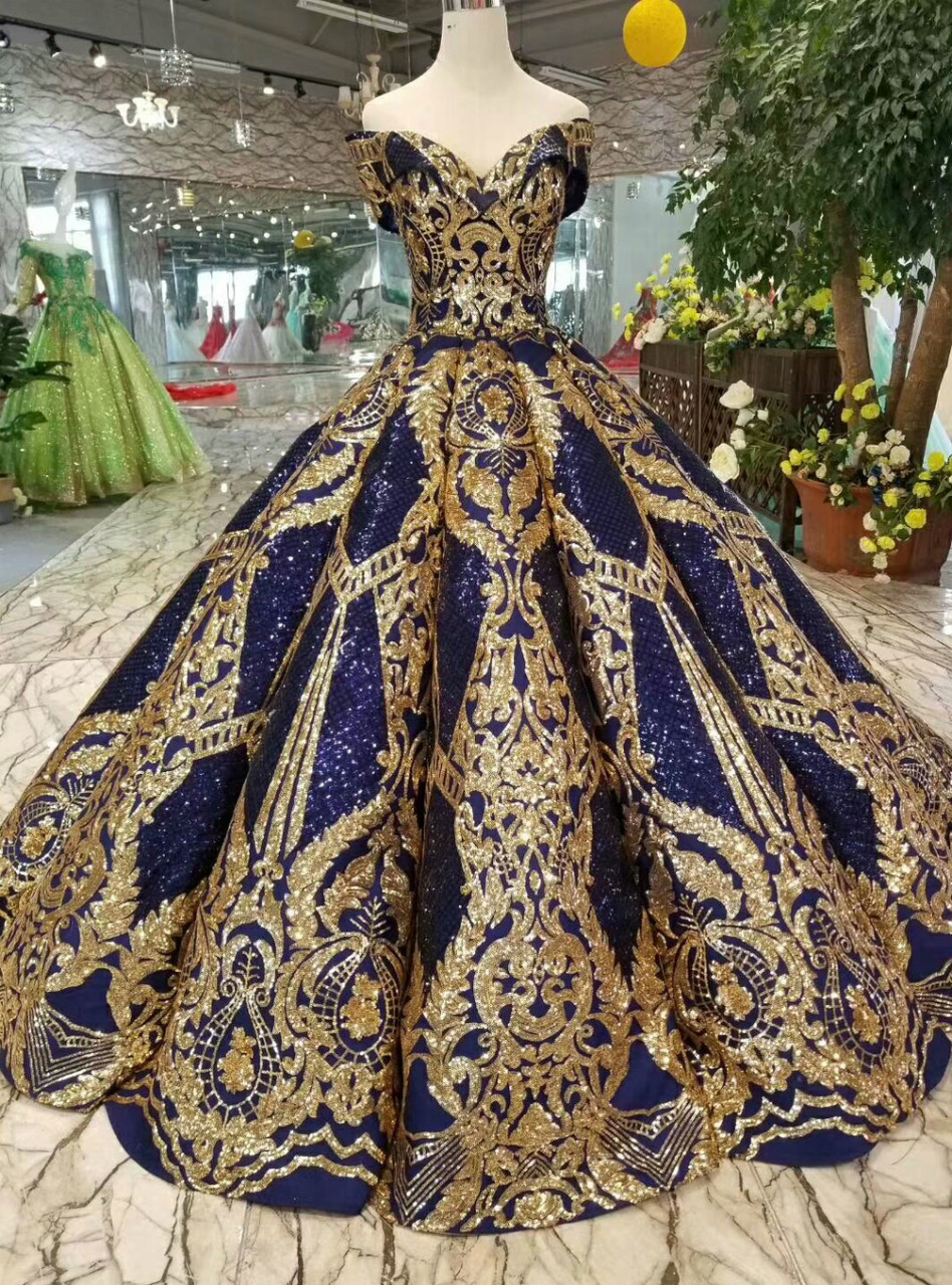 Golden Brown and Royal Blue Front Open Gown