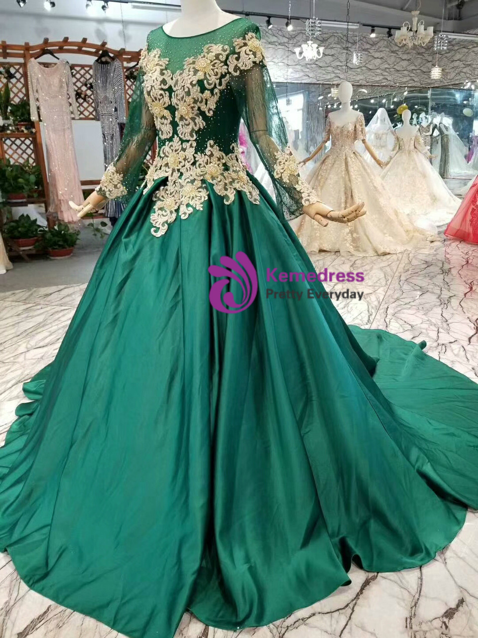 Green Ball Gown Satin Appliques Long Sleeve Wedding Dress With Beading