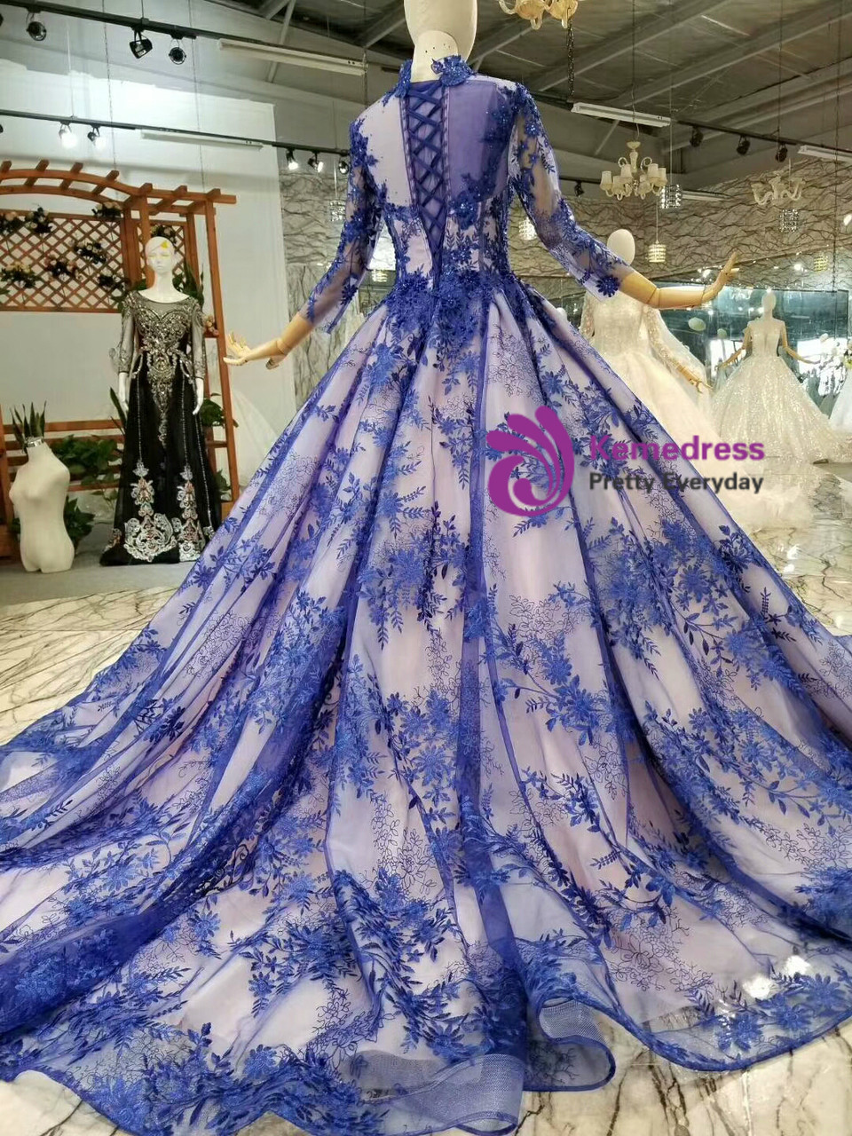 Blue Lace Appliques High Neck Long Sleeve Wedding Dress With Beading
