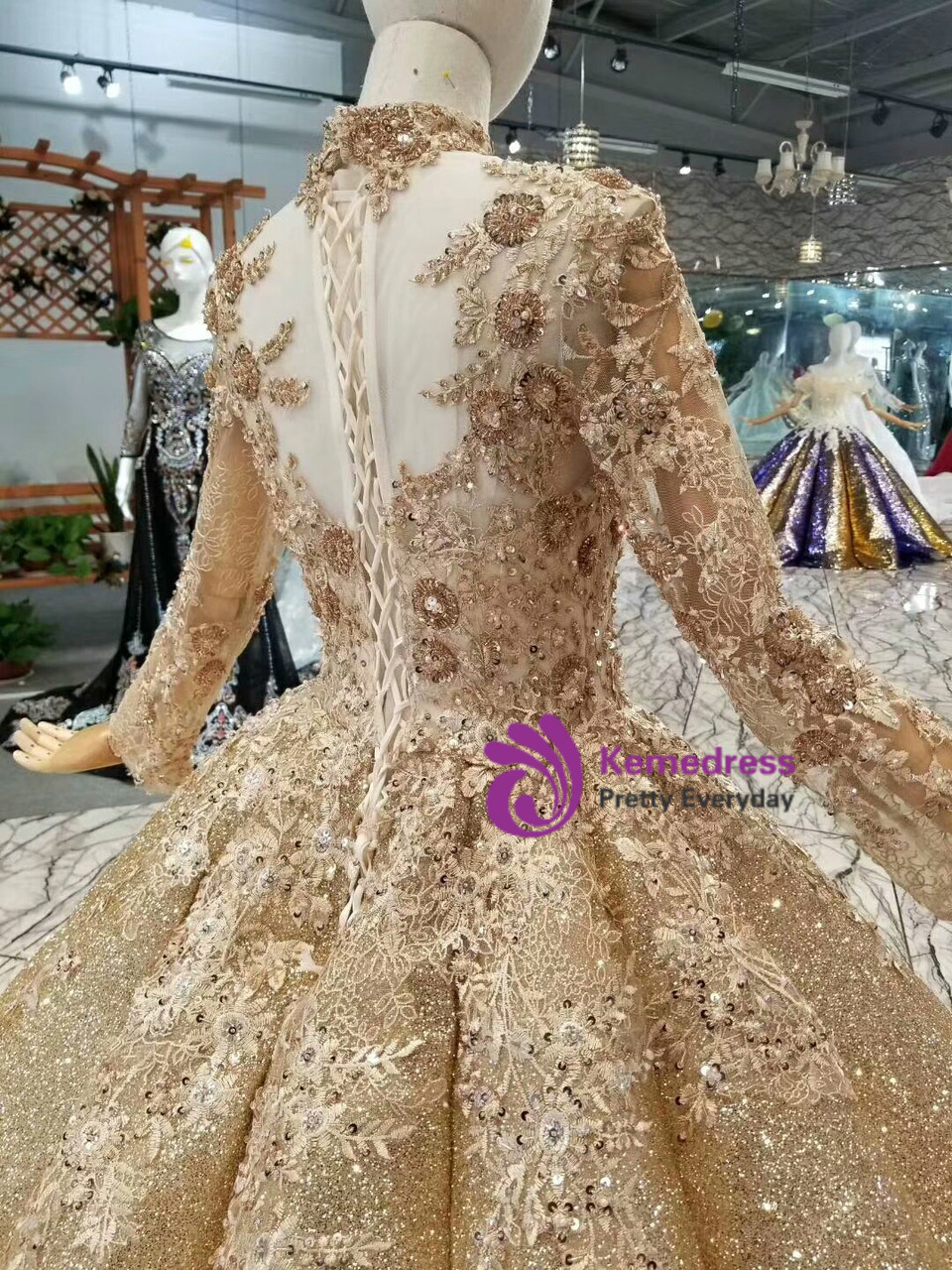 Champagne gold wedding gown with floral lace appliques embroidery beadwork and sequins