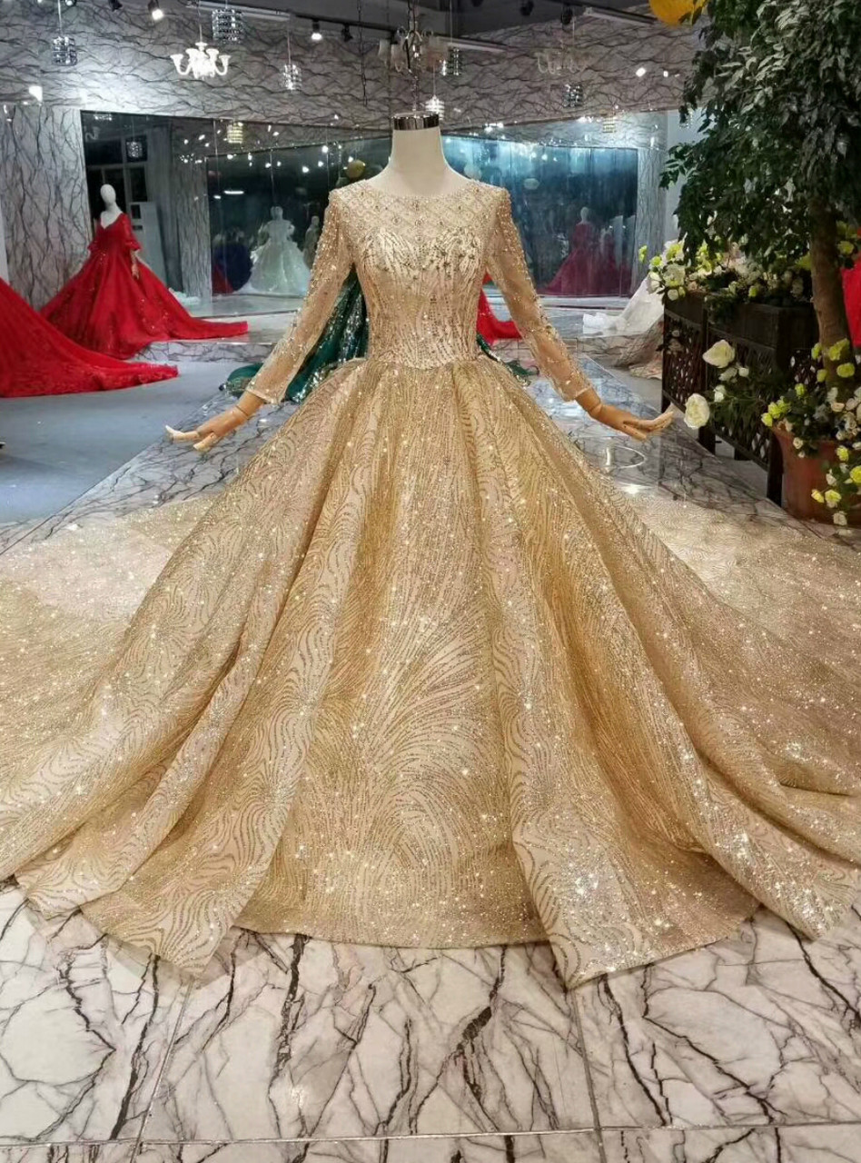 Champagne Gold Tulle Sequins Long Sleeve Beading Wedding Dress With Long  Train
