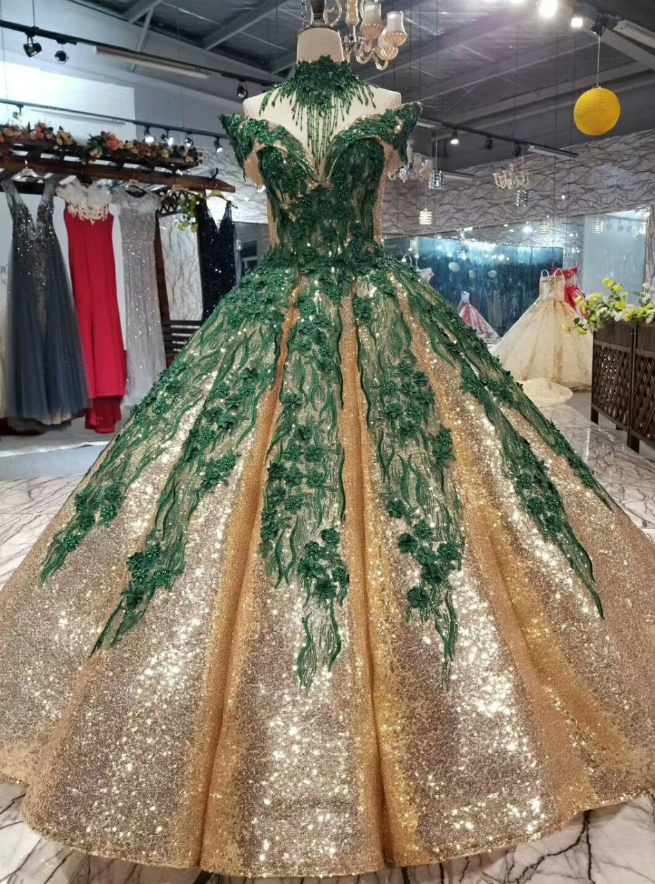 green and gold ball gown