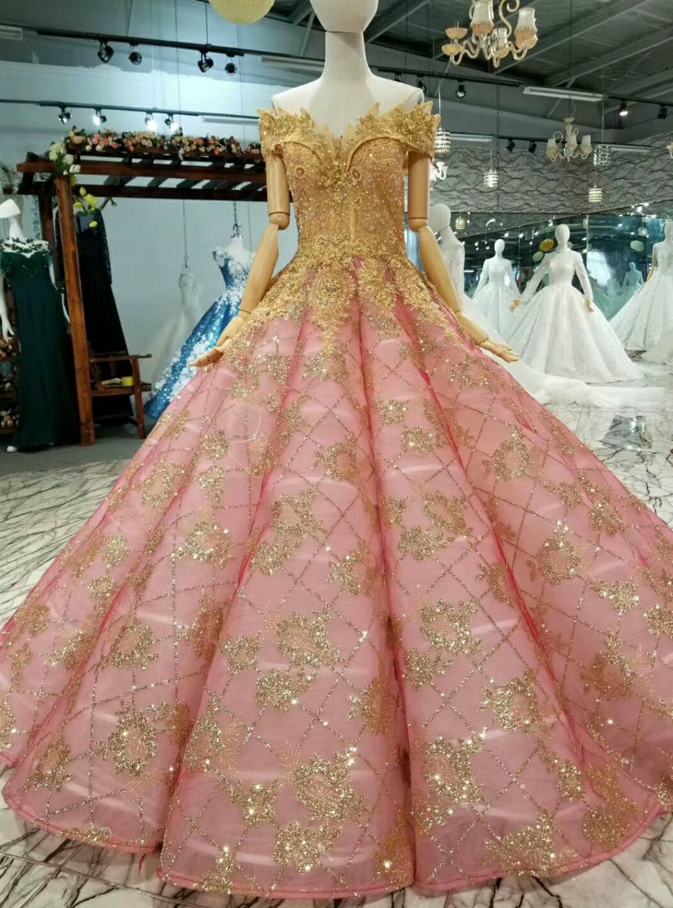 Pink Gold Ball Gown Sequins Appliques Off The Shoulder Wedding Dress With  Beading